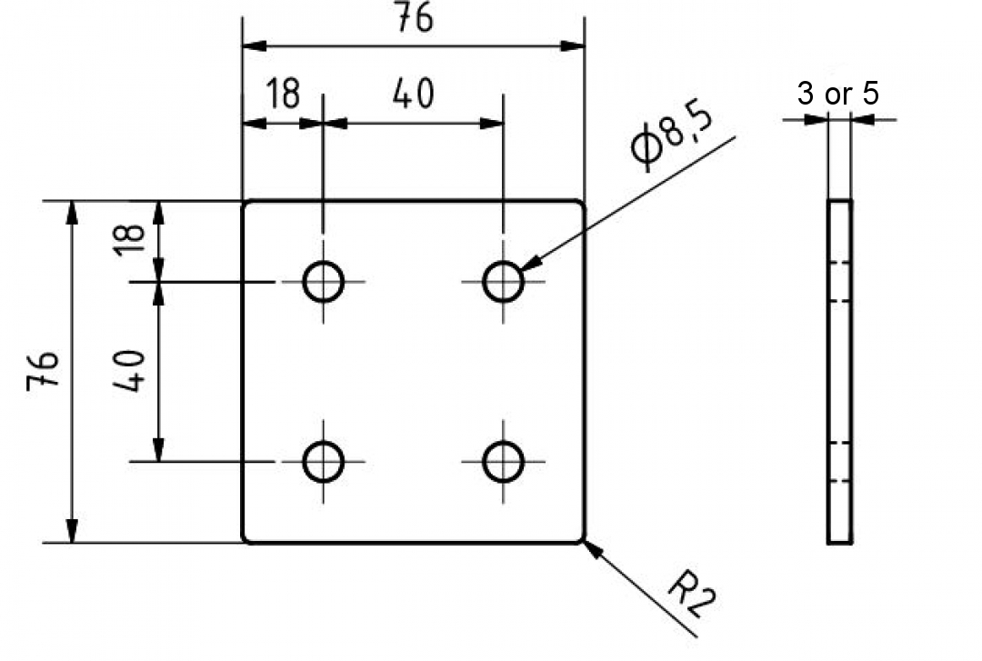 Plaque de connexion carrée 76x76x3, découpée au laser ACIER
