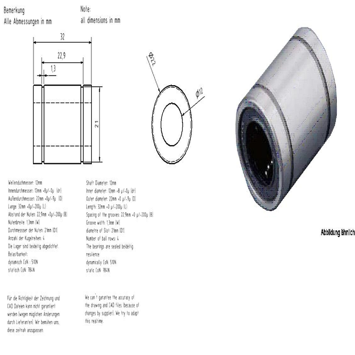Lineair lager voor 12 mm assen