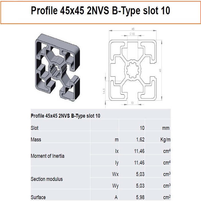 Aluminium profiel 45x45 2NVS B-Type sleuf 10