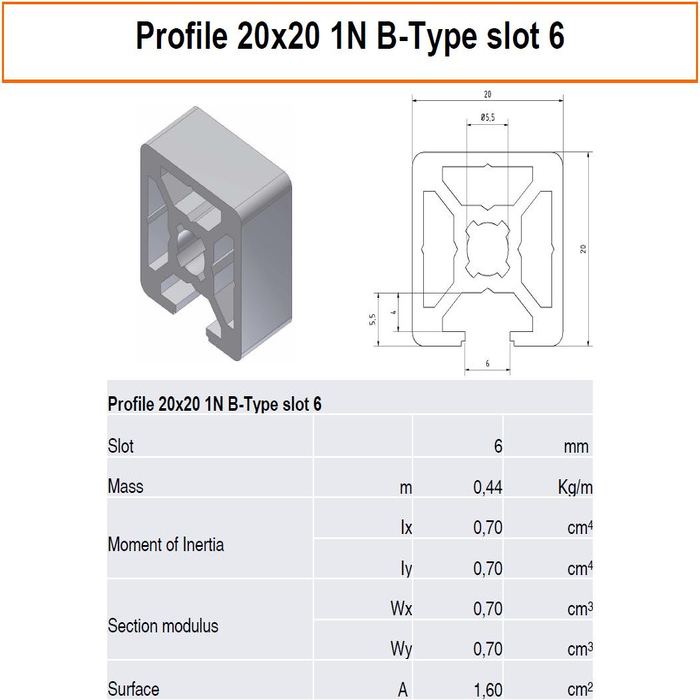 Profile 20x20 1N B-type slot 6