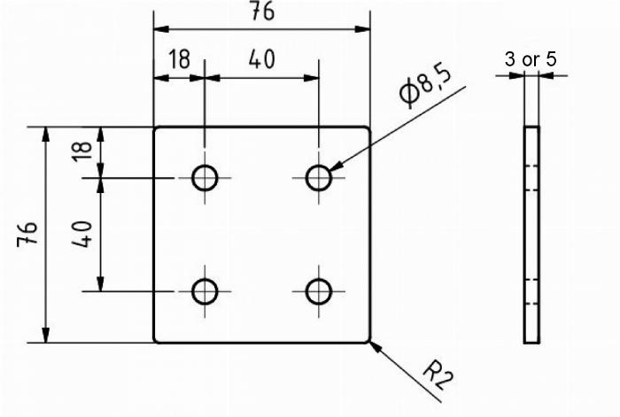 Connector plaat vierkant 76x76x5, Lasercut