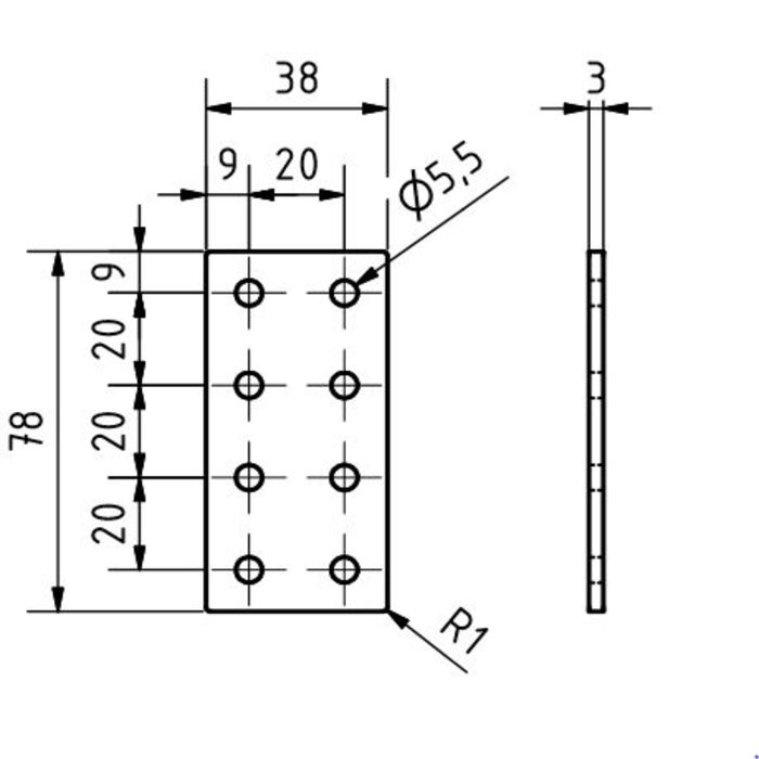 Connector plaat dubbel 38x78x3, lasercut