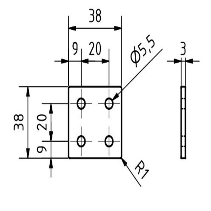 Plaque de connexion carrée 38x38x3, Découpe au laser