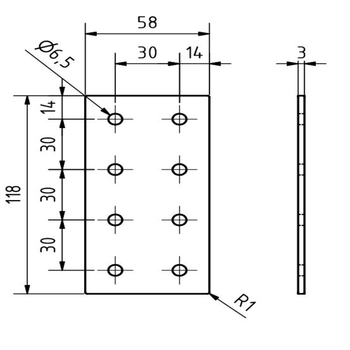 Connector plaat dubbel 58x118x3, lasercut