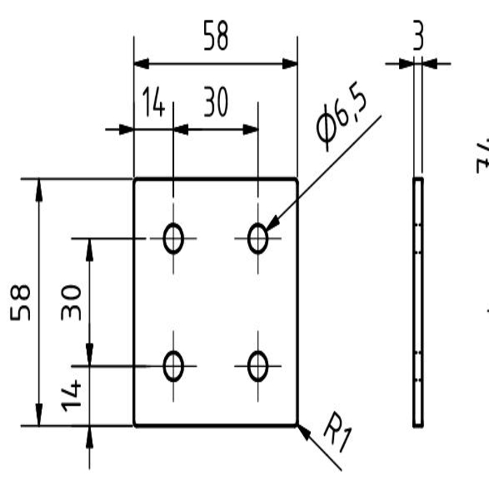 Plaque de connexion carrée 58x58x3, découpée au laser