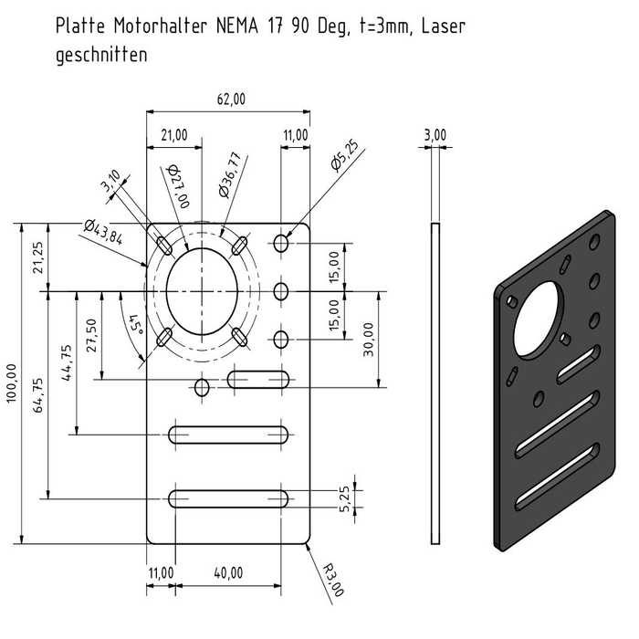Plaque support moteur NEMA 17 90 Deg, Laser cut, t=3mm