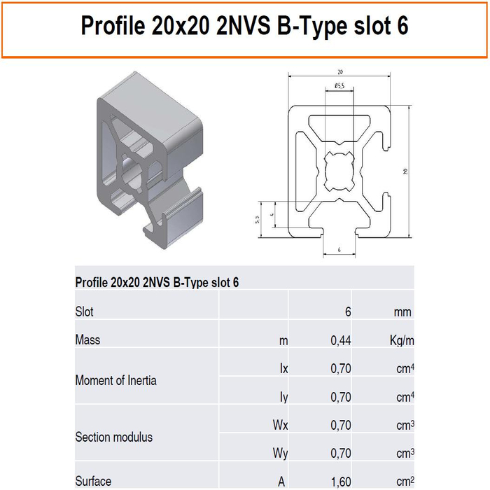 Aluminium profiel 20x20 2NVS B-type sleuf 6