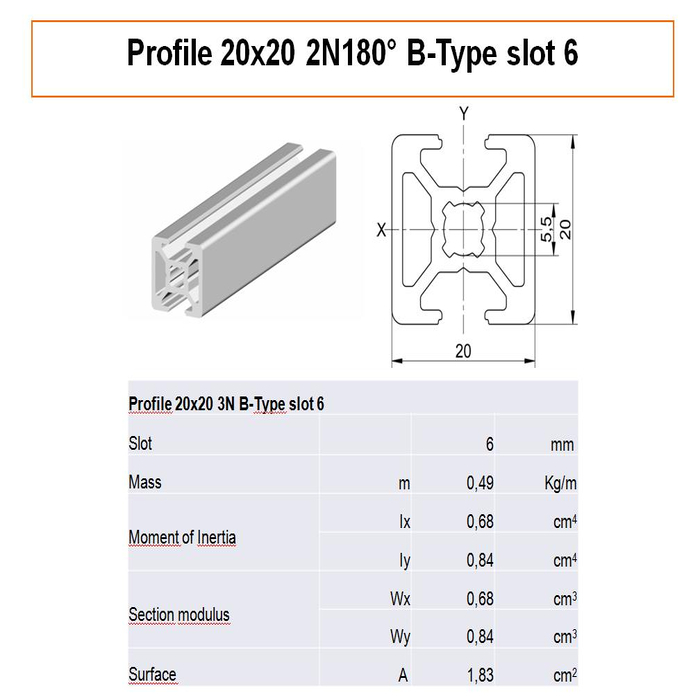 Profile 20x20 2N180° B-type slot 6