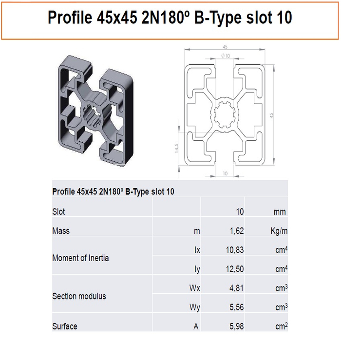 Aluminium profiel 45x45 2N180° B-Type sleuf 10
