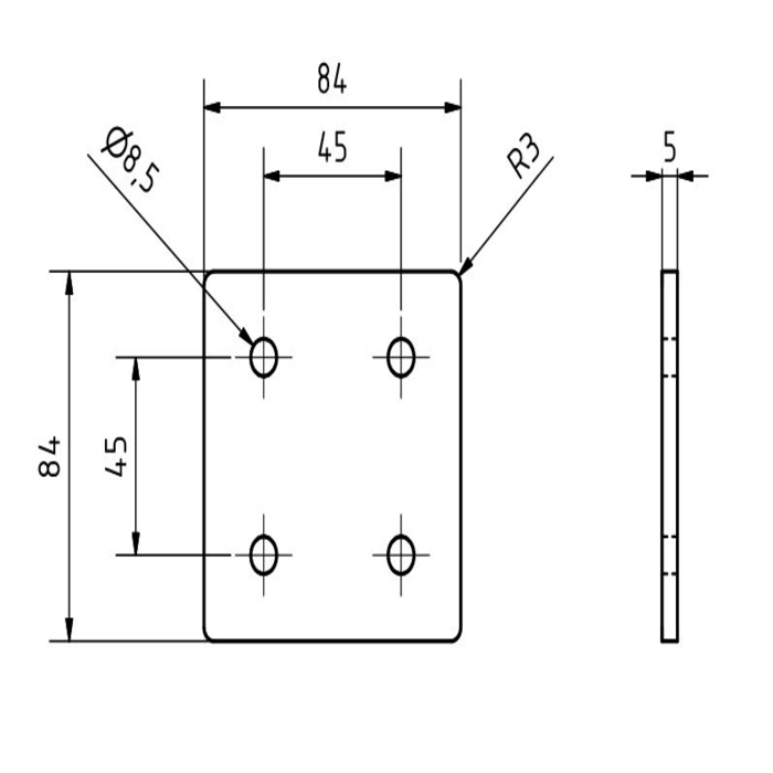 Plaque de connexion carrée 84x84x5, découpée au laser