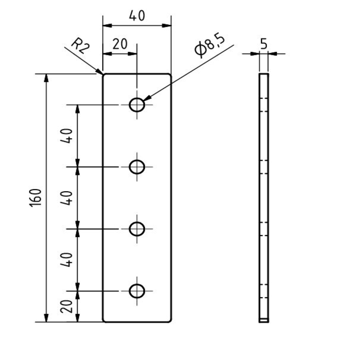 Connecteur plaque 40x160x5, Découpée au laser