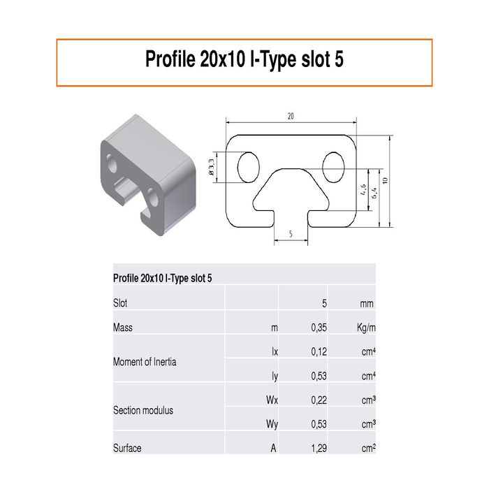 Aluminium profiel 20x10 I-type sleuf 5