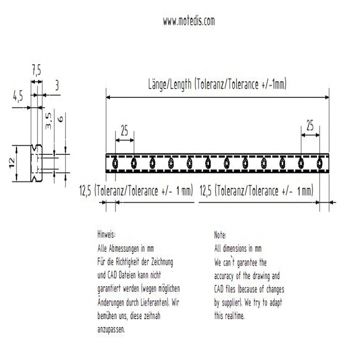 Inox linear guide rail Miniature MR12M-N, L = 500mm