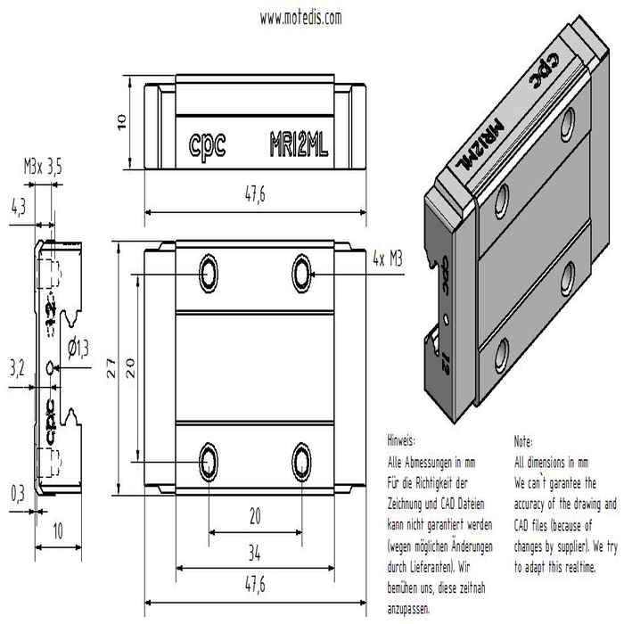Guide Carriage Miniature MR12ML-SS-V0-N - stainless steel