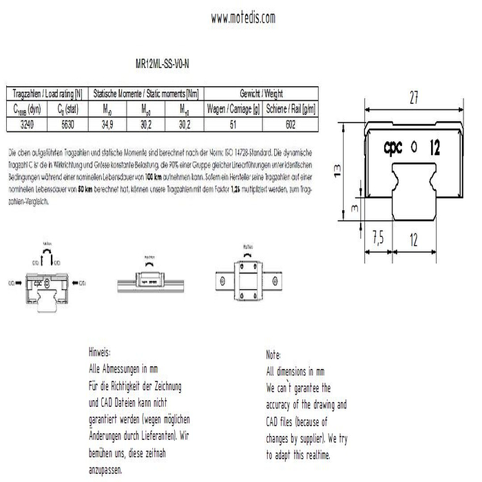 Guide Carriage Miniature MR12ML-SS-V0-N - stainless steel