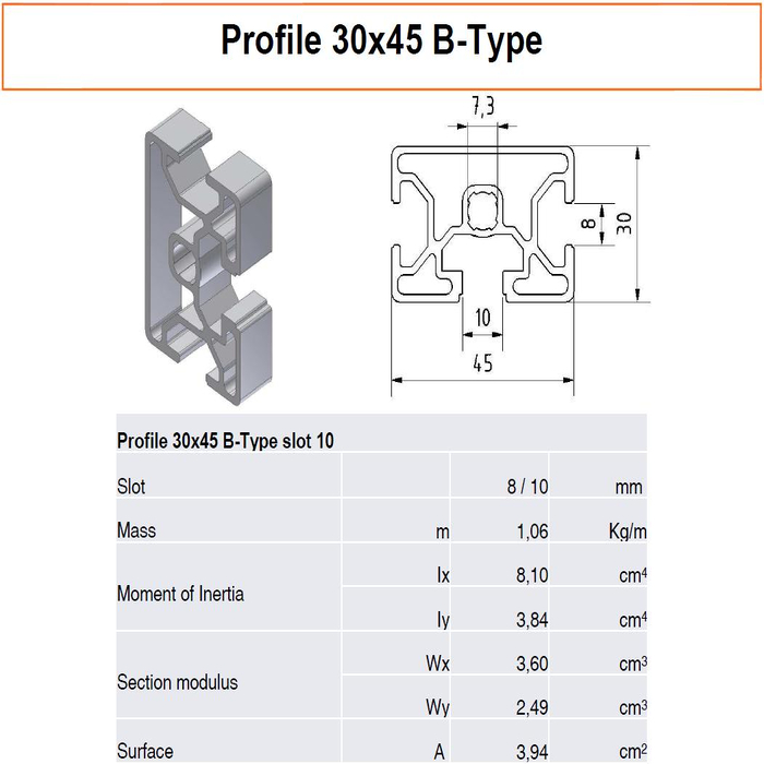 Aluminium profiel 30x45 sleuf 8/10 B-Type