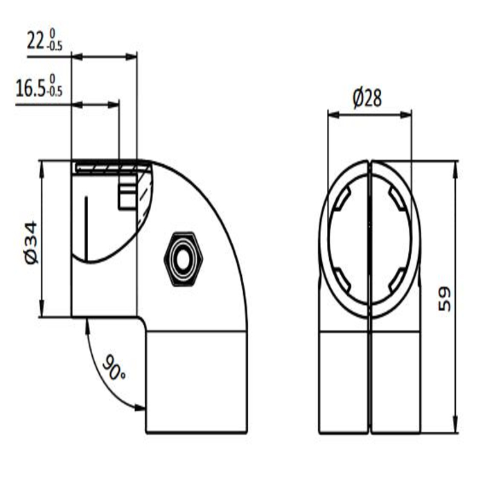 Hoek connector ronde buis 28mm