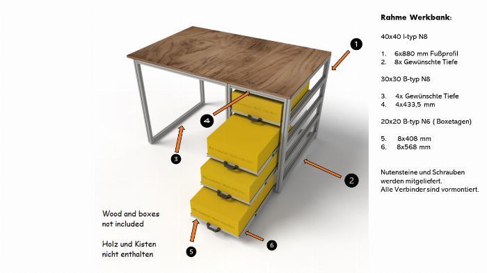 Etabli préconfiguré avec glissière télescopique avec profilés en aluminium